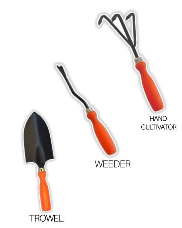 Garden Tool Set - 3 Pcs (Big Trowel, Cultivator, Weeder) | Terrace Gardening Accessories | Gardening Tools Kit for Home Gardening | Essential Farming Spade, Trowel, Tiller | Hand Cultivator | Garden Hand Cultivator | Mini Hand Rake | Hand Rake Garden Tool | Hand Cultivator | Cultivator | Hand Held Cultivator | Garden Cultivator | Garden Rake | Hand Rake | 3 Prong Garden Rake, Weeder | Weed Remover Agriculture Tool for Gardens |Weeding Tool for Terrace Garden |Durable Hand Weeder for Garden |Garden Plants Weeder for Lawn (Orange Handle, Black Blade)